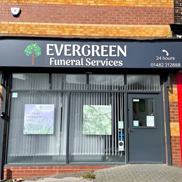 An image of the exterior signage for Evergreen Funeral Services.